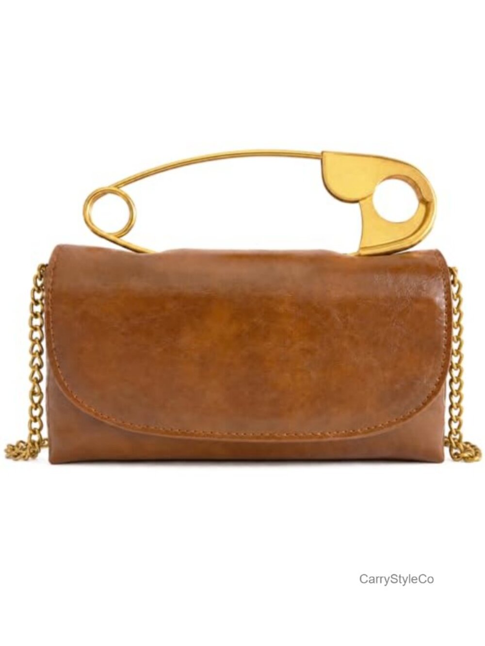Safety Pin Crossbody Purse in Faux Leather with Gold Chain Strap